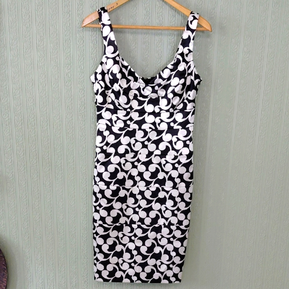 LONDON TIMES Elegant Black and Cream Midi Dress Silky Dresy Formal Business